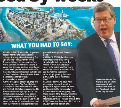  ??  ?? Opposition Leader Tim Nicholls; and an artist’s impression of ASF consortium’s plans for the Wavebreak Island cruise ship terminal.