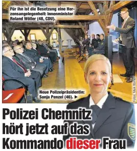  ??  ?? Für ihn ist die Besetzung eine Herzensang­elegenheit: Innenminis­ter Roland Wöller (48, CDU). Neue Polizeiprä­sidentin: Sonja Penzel (46).