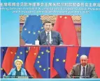  ?? YIN BOGU/XINHUA VIA AP ?? Chinese President Xi Jinping, top, speaks during a video meeting with European Commission President Ursula von der Leyen and European Council President Charles Michel in Beijing on Friday.