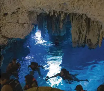  ?? ELIZABETH FLORES Minneapoli­s Star Tribune/TNS ?? Choose to dive, snorkel or swim in the gem-colored waters on Mexico’s Caribbean coast, which has more than 6,000 natural limestone sinkholes. The Cenote Hacienda Mucuyche is in the municipali­ty of Abala, Yucatan.