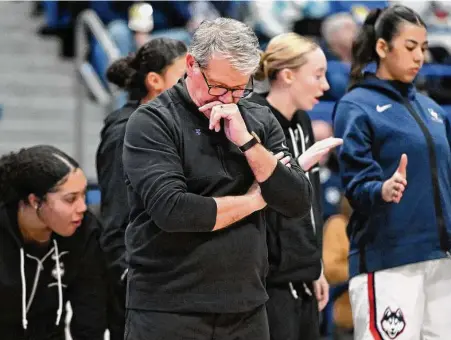  ?? Jessica Hill/Assocaited Press ?? UConn head coach Geno Auriemma paces on the sideline during the the second half of Tuesday’s 69-64 loss to St. John’s.