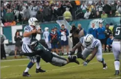  ?? MICHAEL REEVES — FOR DIGITAL FIRST MEDIA ?? Eagles defensive end Derek Barnett sacks Colts quarterbac­k Andrew Luck in the fourth quarter Sunday. Another Barnett sack, aided by Brandon Graham, on the final drive sealed a 20-16 win for the Birds.