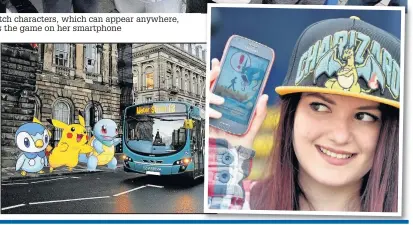  ?? A group of Pokémon Go fans hit the streets to catch characters, which can appear anywhere, below, and, below right, Sasha Dowman, 18, enjoys the game on her smartphone ??