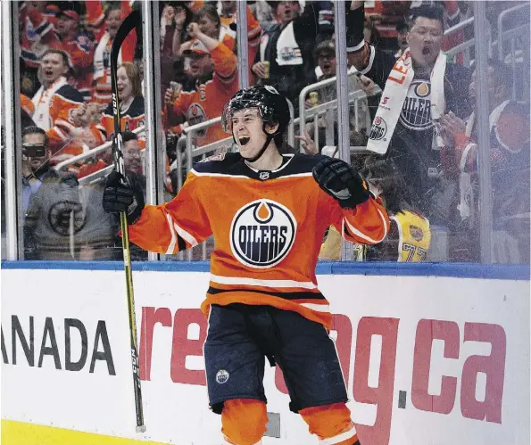  ?? DAVID BLOOM ?? Edmonton Oilers forward Kailer Yamamoto celebrates his first NHL goal against the Boston Bruins during Thursday’s home opener at Rogers Place. Leon Draisaitl scored at 37 seconds of overtime on a set up from Connor McDavid to give the Oilers a 3-2 win.