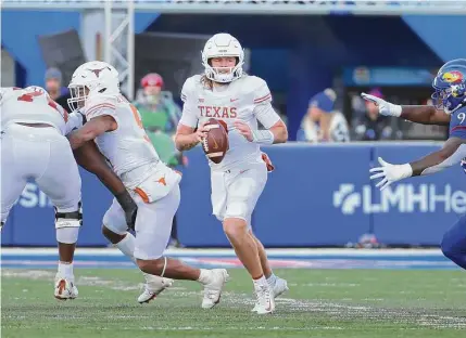  ?? Icon Sportswire via Getty Images ?? Texas QB Quinn Ewers likely will be a bigger part of the game plan against Baylor than he was in last week’s win over Kansas.