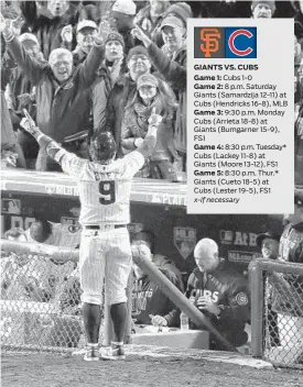  ?? CHARLES REX ARBOGAST/AP ?? GIANTS VS. CUBS Game 3: Game 5: Cubs second baseman Javier Baez celebrates after homering to left field off Giants starter Johnny Cueto with one out in the eighth inning for the only run of the game.