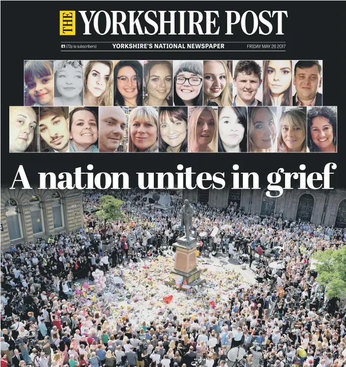  ?? PICTURES: JEFF J MITCHELL/GETTY IMAGES. ?? REMEMBERIN­G: A minute’s silence in Manchester yesterday for the 22 people, top, who lost their lives in the suicide bomb attack at the Manchester Arena on Monday night. Gatherings were held across the country.