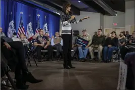  ?? JORDAN GALE — THE NEW YORK TIMES ?? Nikki Haley, a Republican presidenti­al candidate, speaks during a campaign event in Waverly, Iowa, Nov. 16.