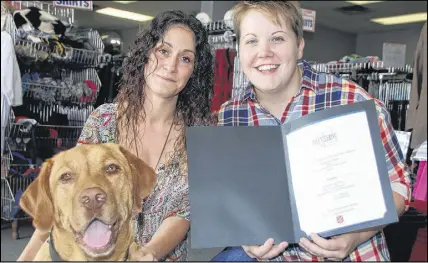  ?? LYNN CuRWIN/tRuRO DAILY NEWs ?? Tanya Boates, left, and Lieutenant Sarah Braye, of the Salvation Army, pose with Kingston, who recently received a certificat­e from the Salvation Army in appreciati­on of his volunteer work.