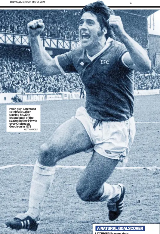  ?? GETTY IMAGES ?? Prize guy: Latchford celebrates after scoring his 30th league goal of the season in the 6-0 win over Chelsea at Goodison in 1978