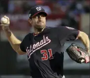  ?? MARK HUMPHREY — THE ASSOCIATED PRESS ?? Washington Nationals starting pitcher Max Scherzer during the fourth inning of Game 2 of the baseball National League Championsh­ip Series against the St. Louis Cardinals Saturday in St. Louis.