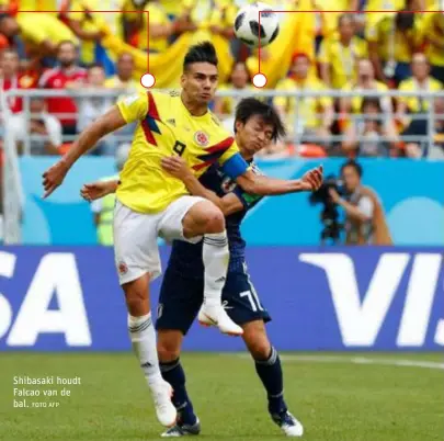  ?? FOTO AFP ?? Shibasaki houdt Falcao van de bal.