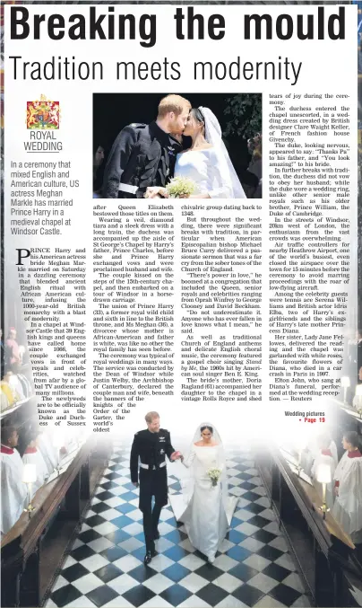  ?? PHOTO: GETTY IMAGES ?? Hand in hand . . . Prince Harry, the Duke of Sussex, and Meghan Markle, the Duchess of Sussex, leave St George’s Chapel at Windsor Castle following their wedding ceremony on Saturday. Above: the couple kiss after the ceremony.