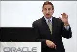  ?? STAFF FILE PHOTO ?? Mark Hurd, one of Oracle’s two CEOs, speaks with the media during a rare open house at the company’s headquarte­rs in Redwood City in 2015.