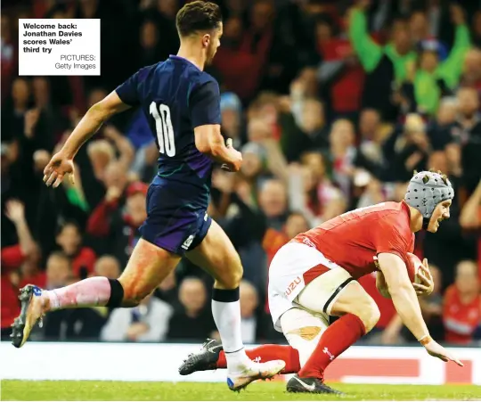  ?? PICTURES: Getty Images ?? Welcome back: Jonathan Davies scores Wales’ third try