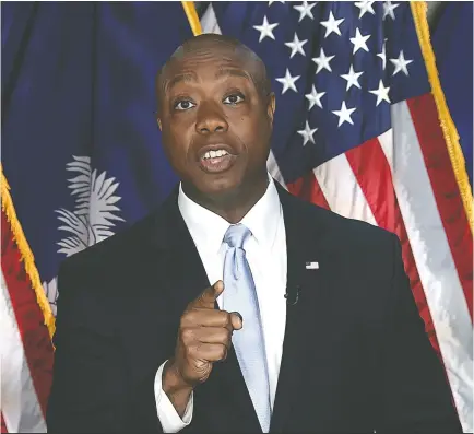  ?? SENATE TELEVISION VIA AP ?? “It’s wrong to use our painful past to dishonestl­y shut down debates in the present,” South Carolina Senator Tim Scott said last month in a response to a speech from U.S. President Joe Biden.