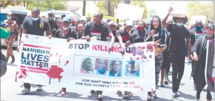  ?? Photo: Emmency Nuukala ?? Grief… Hundreds of protesters on Friday rallied in front of the Botswana High Commission against the killing of four fishermen by that country’s army.