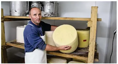  ??  ?? Une fourme de 40 kilos de salers, tenue par Frédéric Rigaudière.