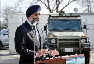  ?? ANDREA PEACOCK/The Daily Courier ?? National Defence Minister Harjit Sajjan announces a national summer employment program through the Canadian Armed Forces in Kelowna Tuesday.