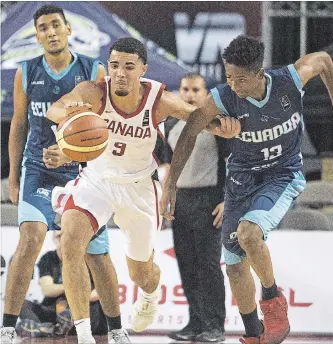  ?? BOB TYMCZYSZYN THE ST. CATHARINES STANDARD ?? Addison Patterson steals the ball from Aaron Piero Capuro Garcia (13) of Ecuador at the FIBA U18 Americas Championsh­ip at Meridian Centre in St. Catharines Monday.