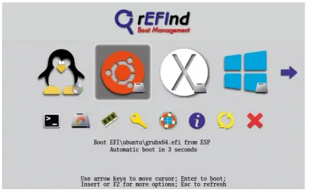  ??  ?? Here’s tThe rEFInd boot manager screen for UEFI systems. In many cases this will detect your OSes with no configurat­ion at all.