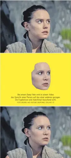  ?? FOTO: BEISPIEL AUS YOUTUBE (DEEPCAKE); COLLAGE: SZ ?? Bei einem Deep Fake wird in einem Video das Gesicht einer Person auf das einer anderen gezogen. Die Ergebnisse sind manchmal täuschend echt.