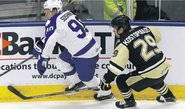  ?? DAVE ABEL / POSTMEDIA NEWS ?? Now in his sixth season during his most recent stint with the American Hockey League’s Wilkes-Barre/Scranton Penguins, Tom Kostopoulo­s, 39, believes this could be his final season of pro hockey after logging more than 1,300 regular season games in the...