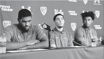  ?? Wally Skalij Los Angeles Times ?? UCLA FRESHMEN, from left, Cody Riley, LiAngelo Ball and Jalen Hill admitted stealing items from three luxury stores last week in Hangzhou, China. They are indefinite­ly suspended from the basketball team.