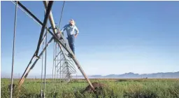  ??  ?? John Hart checks the control box on a center-pivot that was stuck in an alfalfa field in September at Wagon Wheel Farms, Kansas Settlement, Arizona.
MARK HENLE/THE REPUBLIC