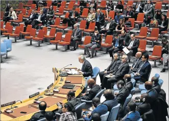  ?? Picture: AFP ?? TENSE TIME: The permanent representa­tive of Syria to the United Nations, Bashar Jaafari, centre, speaks during a UN Security Council meeting at the UN headquarte­rs in New York this week