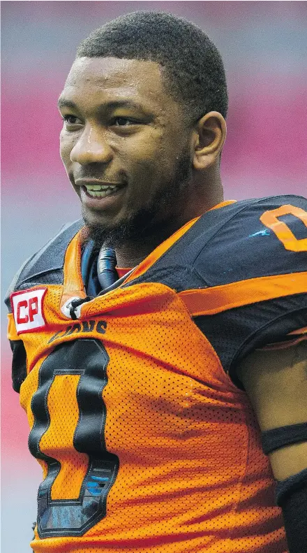  ?? — GERRY KAHRMANN/PNG FILES ?? B.C. Lions defensive back Loucheiz Purifoy has two forced fumbles, a pair of sacks, an intercepti­on and a fumble recovery for a touchdown in his first seven games in the CFL.