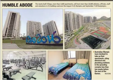  ?? REUTERS ?? Australian Olympic team declined to take up their apartments, citing electrical and plumbing problems in the sprawling complex less than two weeks before the start of the Games.