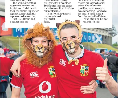  ??  ?? Lions fans at Murrayfiel­d stadium yesterday ahead of the warm-up match against Japan