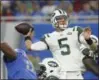  ?? JOSE JUAREZ — ASSOCIATED PRESS ?? Jets quarterbac­k Christian Hackenberg throws during the first half of Saturday’s game at Detroit.
