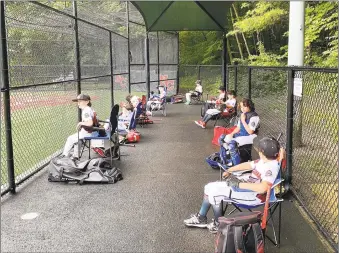  ?? Scott Ericson / Hearst Connecticu­t Media ?? Expanded dugouts to allow players to be properly distanced, such as here in New Canaan, are part of the adjustment­s players have made since returning to the field.