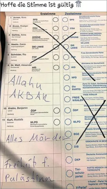  ??  ?? Kritzeleie­n und Hassparole­n: Diesen Wahlzettel postete Feuerwehrm­ann Tarek B. bei Facebook.