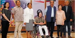  ?? — AP ?? The Ramon Magsaysay Awards Foundation President Carmencita Abella, second from right, poses as she presents to the 2018 Ramon Magsaysay awardees, as the Foundation celebrates its 60 year anniversar­y on Tuesday in Manila, Philippine­s. Awardees from left; Viel Aquino- Dee, of the Philippine­s, who represents awardee Howard Dee, her father- in- law, Sonam Wangchuk, from India, Maria de Lourdes Martins Cruz from Timor Leste, Youk Chhang from Cambodia, Abella, Bharat Vatwani of India, Vo Thi Hoang Yen from Vietnam.