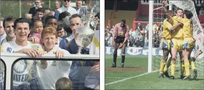  ??  ?? Manager Howard Wilkinson shows the trophy to the fans, top, as Gordon Strachan, left, heads the open-top bus parade after Leeds players celebrated Brian Gayle’s own goal, right, which effectivel­y earned United the title at Bramall Lane.