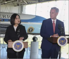  ?? (AP/Ringo H.W. Chiu) ?? House Speaker Kevin McCarthy, R-Calif., (right) and Taiwanese President Tsai Ing-wen speak after a meeting Wednesday at the Ronald Reagan Presidenti­al Library in Simi Valley, Calif.