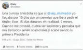  ??  ?? Tuit. Con este tuit, Silvia Cristina Pérez anunció su renuncia del IAIP.