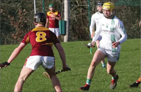  ??  ?? David Codd on the ball for St. Peter’s College during their quarter-final exit to Kilkenny C.B.S. in Bunclody.