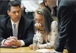  ?? Glenn C. Silva ?? The Associated Press Michelle Carter cries while flanked by defense attorneys Joseph Cataldo, left, and Cory Madera, after being found guilty of involuntar­y manslaught­er in the suicide of Conrad Roy III on Friday in Bristol Juvenile Court in Taunton,...