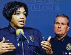  ??  ?? Phoenix police Chief Jeri Williams (left) announces the arrest of Nathan Sutherland (below) on one count of sexual assault and one count of vulnerable adult abuse on an incapacita­ted woman.