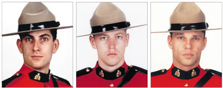  ??  ?? From left to right: RCMP constables Douglas James Larche, Dave Ross and Fabrice Gevaudan, who were killed by a heavily-armed gunman in Moncton, N.B., in 2014.