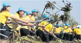  ?? PATIPAT JANTHONG ?? ‘Jitr arsa’ volunteers rake out water hyacinths to make organic fertiliser at a demonstrat­ion field at Sanam Luang.