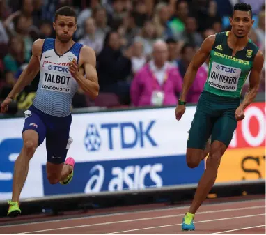  ??  ?? CLOSE COMPETITIO­N: Daniel Talbot of Britain and Wayde van Niekerk of South Africa both finished their heat in a time of 20.16 seconds.