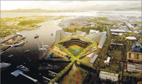  ?? COURTESY OF BIG - BJARKE INGELS GROUP ?? This is a rendering of the proposed Oakland A’s ballpark that will be located at Howard Terminal. If project falls through, A’s could move out of Oakland.