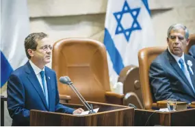  ??  ?? PRESIDENT ISAAC HERZOG speaks at his swearing-in ceremony in the Knesset on July 7. (Yonatan Sindel/Flash90)