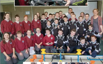  ?? ABOVE: LEFT: Ben Ó Gearáin and Ruadhán Ó Chuamháin (Gaelscoil Mhic Easmainn) with William Higgins and Seamus Cahill (Holy Family School). ?? Pupils from Scoil Náisiúnta an Ghleanna, Baile an Sceilg, and St Brendan’s NS, Fenit, taking part in the Robotics Championsh­ips at the IT Tralee North Campus on Thursday.