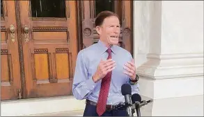  ?? Abigail Brone / Hearst Connecticu­t Media ?? U.S. Sen. Richard Blumenthal calls on the nation's major airlines to offer refunds on flights canceled by mismanagem­ent of staff during a news conference at the state Capitol in Hartford on Friday.